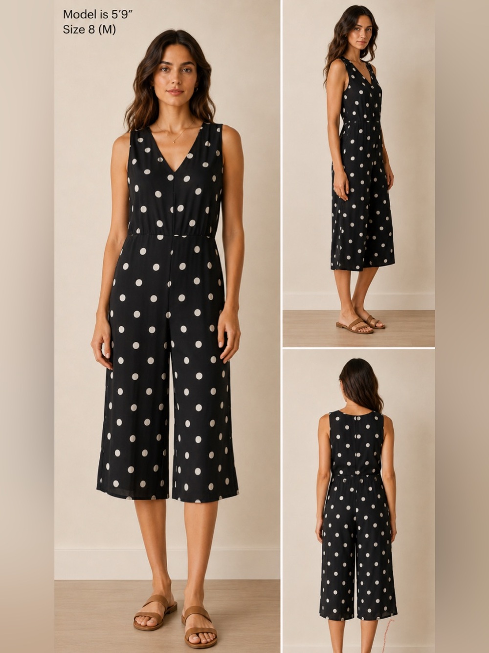 Cute Black and White Polka Dot Sleeveless V-Neck Wide Leg mid-length Romper